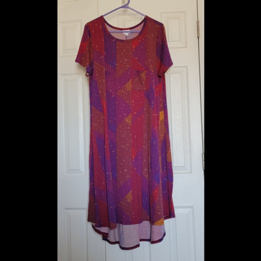 LulaRoe XL Carly Dress - Maroon w/ Geo Print
